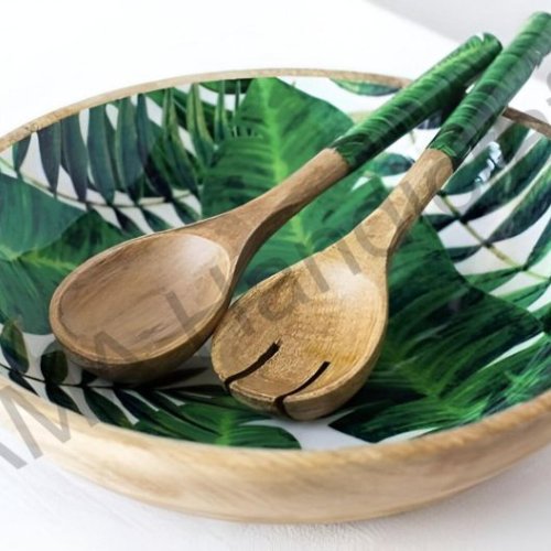 Round Wooden Enamel Serving Bowl