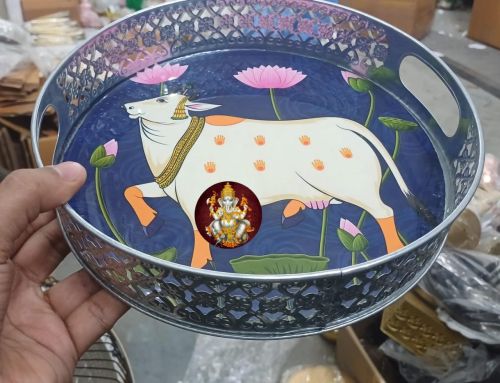 Metal Pichwai Cow Painting Serving Tray