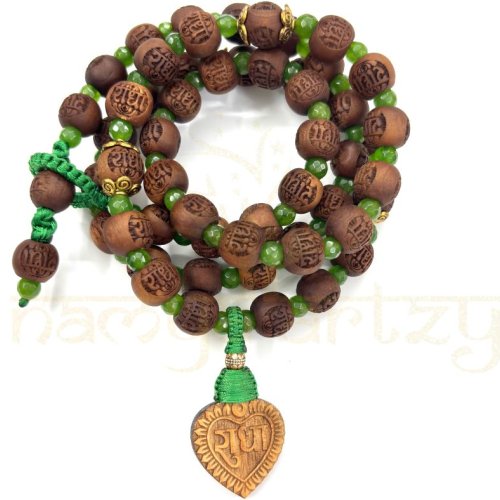 10mm Radha Engraved Tulsi Wood Beads Mala Necklace with Faceted Green Onyx