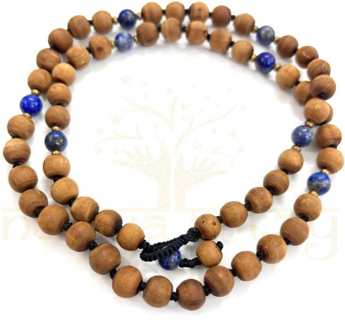 8mm Tulsi Wood 54 Smooth Beads with Lapis Lazuli &AMP;AMP; Brass Neck-Bead Mala/necklace