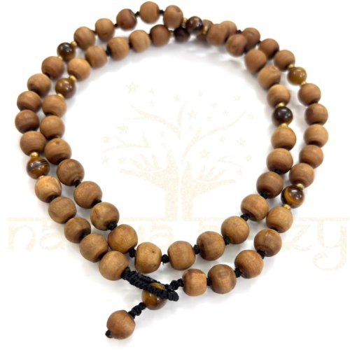 8mm Tulsi Wood 54 Smooth Beads with Tiger Eye & Brass Neck-Bead Mala/necklace