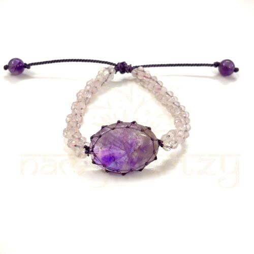 Handmade, Natural Amethyst-Rose Quartz Tumbled Gemstone Hand-Knotted Bracelet