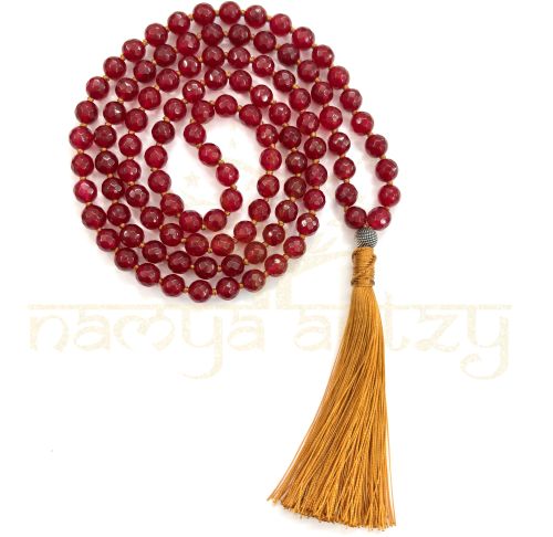 Handmade, Sparkle Cut-Finished Red Shade Onyx 108 Beads Hand-Knotted Japa MalaNecklace