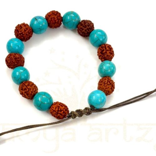 Handmade, Natural Mix-Faces Rudraksha &AMP; Vintage Turquoise Gemstone Hand-Knotted Bracelet