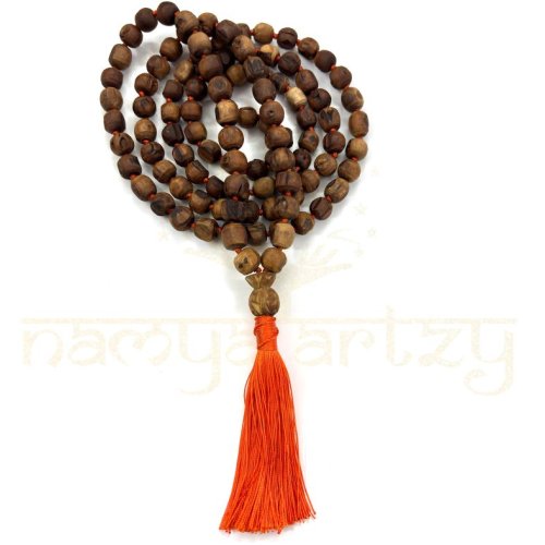 Hand-Knotted, Natural 108 Rough Brown 8mm Tulsi Wood Hand-Carved Beads Japa Mala/necklace