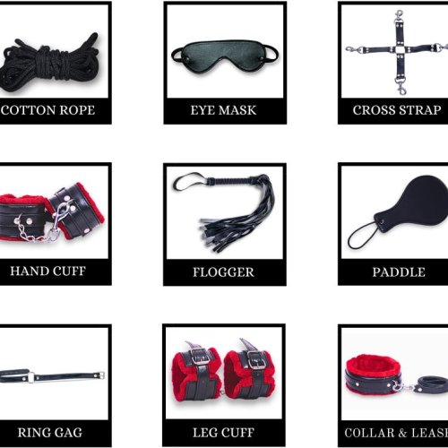 9Pcs Luxury Black and Red Bdsm Kit