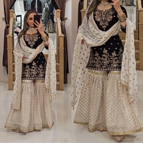 Ladies Black and White Party Wear Designer Sharara Suit Set