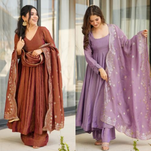 Ladies Fancy Silk Party Anarkali Suit Dupatta Set