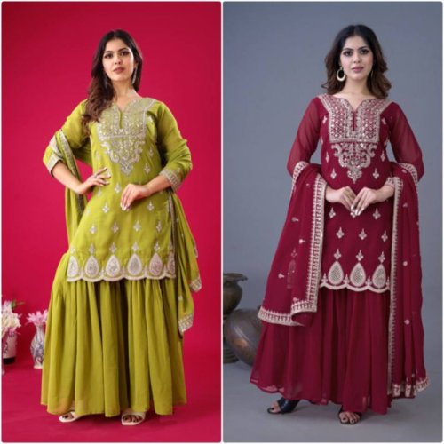 Ladies Party Wear Chinon Silk Sharara Suit Set