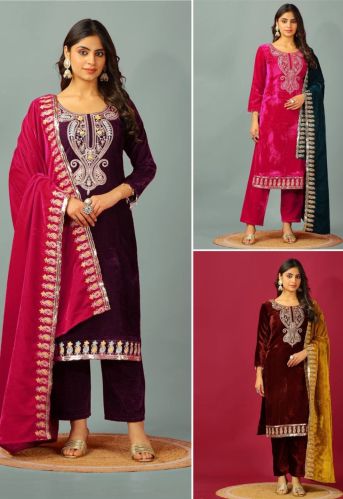 Ladies Viscose Velvet With Heavy Embroidery Sequence Work Suit Set