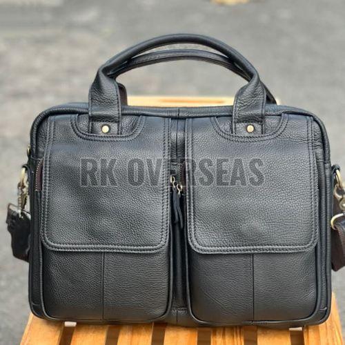 Unisex Black Leather Laptop Bag