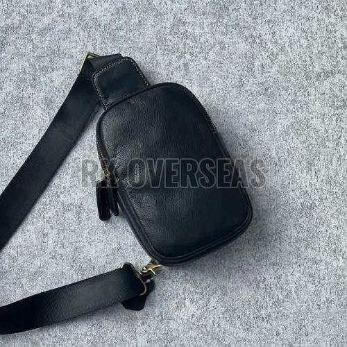 Mens Zipper Plain Black Leather Sling Bag