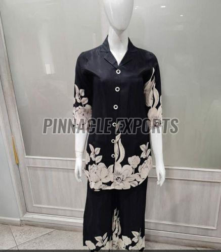 Ladies Black Floral Rayon Printed Cord Set