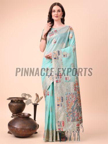 Ladies Blue Printed Linen Cotton Saree
