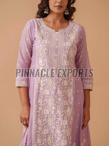 Ladies Lavender Cotton Chikankari Embroidery Anarkali Suit