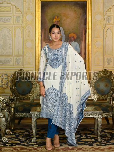 Ladies Navy Blue And White Viscose Santoon Printed Suit Set