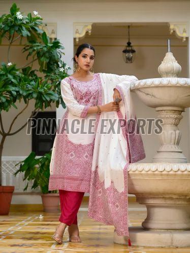 Ladies Pink And White Viscose Santoon Printed Suit Set