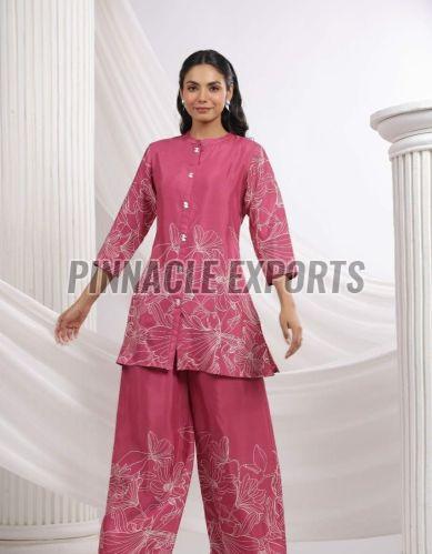 Ladies Pink Floral Rayon Printed Cord Set