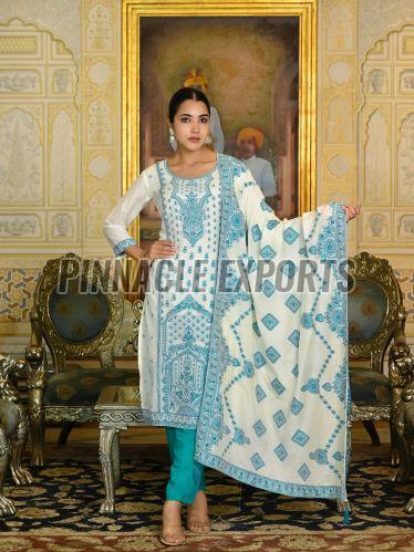 Ladies Sky Blue and White Viscose Santoon Printed Suit Set