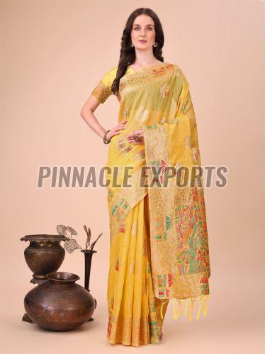 Ladies Yellow Printed Linen Cotton Saree