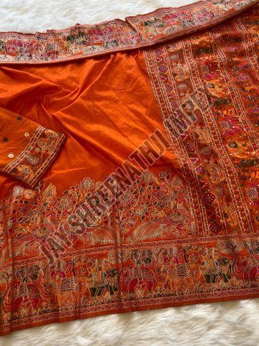 Ladies Orange Border Work Nylon Viscose Saree