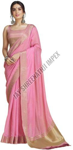 Ladies Plain Light Pink Silk Saree