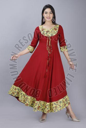 Ladies Stylish Red Frock Long Rayon Kurti