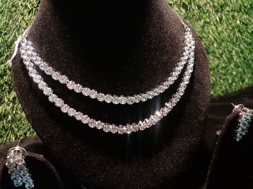 Silver Double Layer Solitaire Diamond Necklace Set
