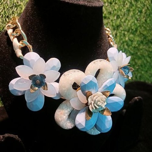 White and Sky Blue Flower Design Statement Necklace