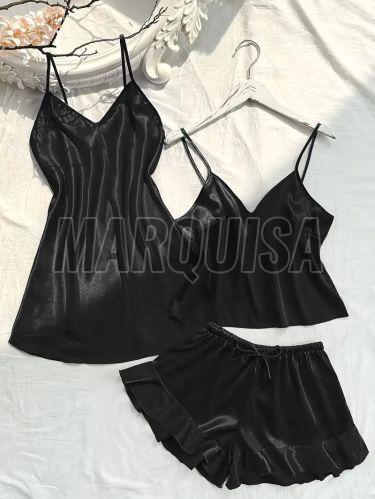 Ladies Black V Neck One Piece with Cami Top & Flare Shorts Sleep Dress