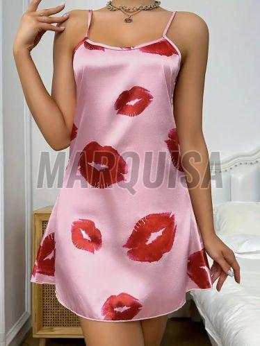 Ladies Lip Print Satin Cami Top &AMP;AMP; Shorts Pajama Set