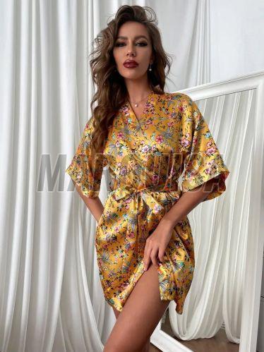 Ladies Satin Floral Print Short Sleeve Belted Lounge Robes