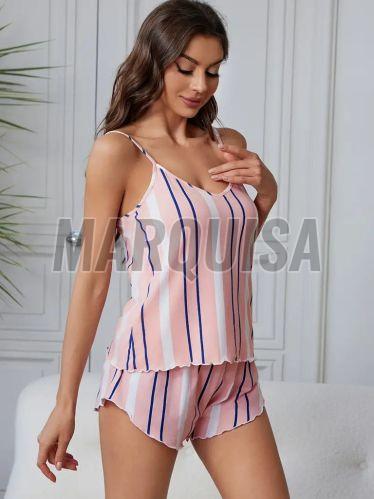 Stripe Print Frill Trim Pajama Set
