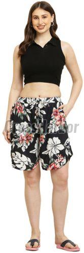 Ladies Black Rayon Flower Print Culotte Shorts