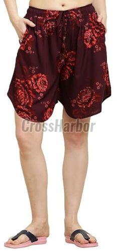 Ladies Maroon Flower Print Rayon Culotte Shorts