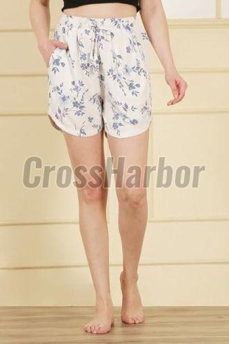 Ladies White Blue Floral Print Rayon Regular Shorts