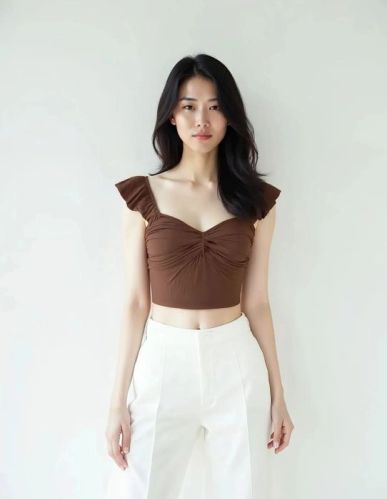 Ladies Brown Solid Twist Ruffle Crop Top