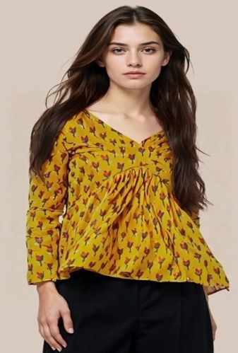 Ladies Mustard Cotton Printed Short Kurti