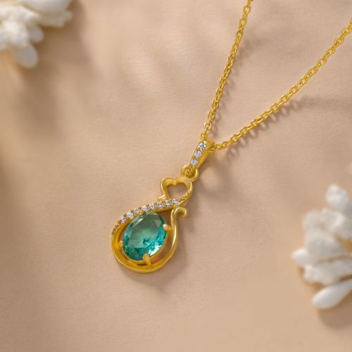 Ladies Aqua Green Crimson Teardrop Gold Plated Pendant With Chain