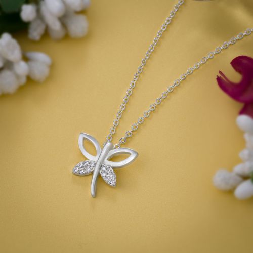 Ladies Butterfly Zirconia Stone German Silver Pendant With Chain