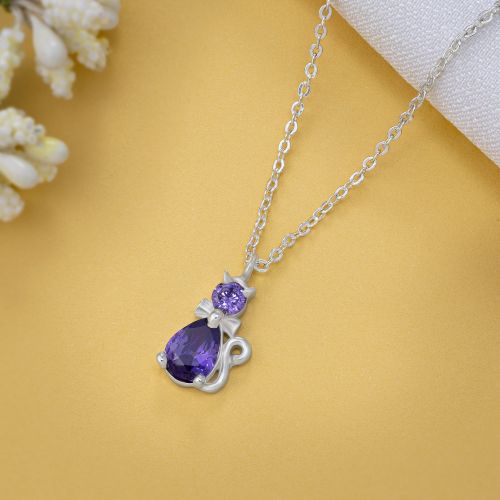 Ladies Elegant Cat-style Amethyst Gemstone Silver Pendant With Chain