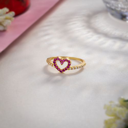 Ladies Red Heart Design Gold Plated Ring