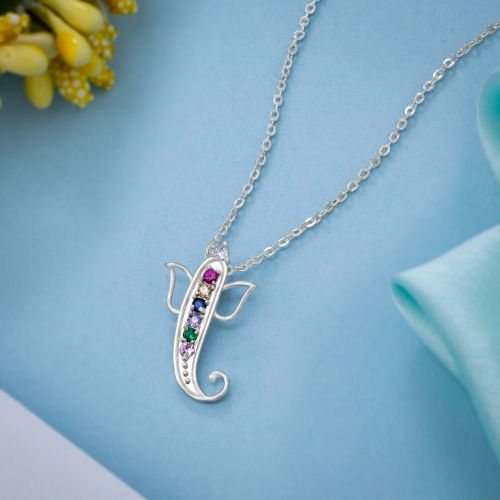 Ladies Silver Blessing Ganesha Multicolor Zircon Stone Pendant With Chain