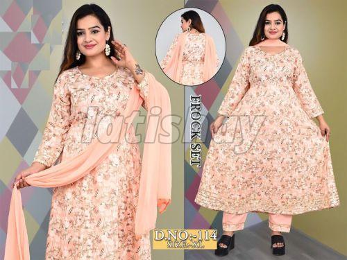 3 Piece Rayon Foil Print Frock Suit Set