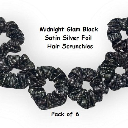 Midnight Glam Black Satin Silver Foil Scrunchies-RB-94-B