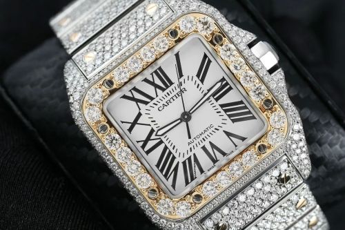 Cartier Santos Roman Dial Iced Out Moissanite Diamond Watch