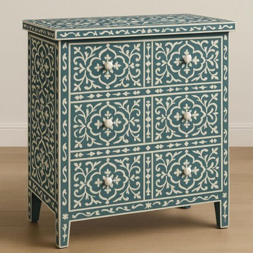 Intricate Moroccan - Inspired Bone Inlay Teal White Chest Of Drawer