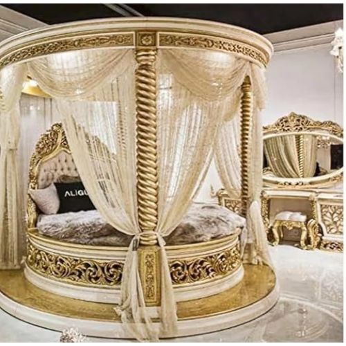 Teak Wooden Round King Size Royal Carving Bed