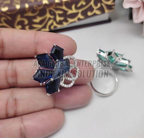 Ladies Brass Dark Blue Flower Crystal Finger Ring