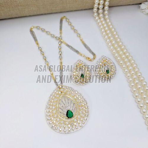 Ladies Brass Golden And Silver Green Stone Designer Pendant Set